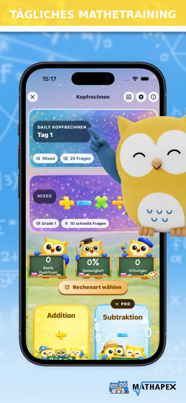 MathApex App mit einer Auswahl täglicher Kopfrechenaufgaben auf Deutsch.