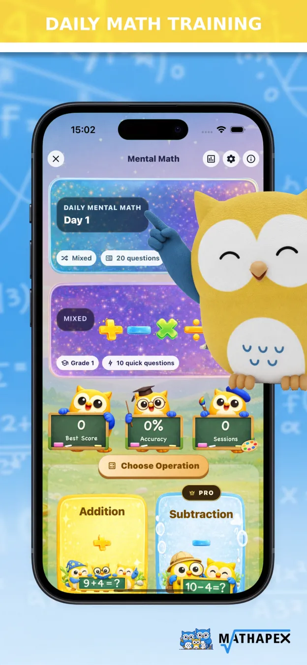 English MathApex Daily Math Training screen with a choice of mental maths activities.