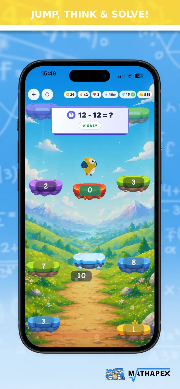 English MathApex jumping game with a subtraction question and numbered platforms.