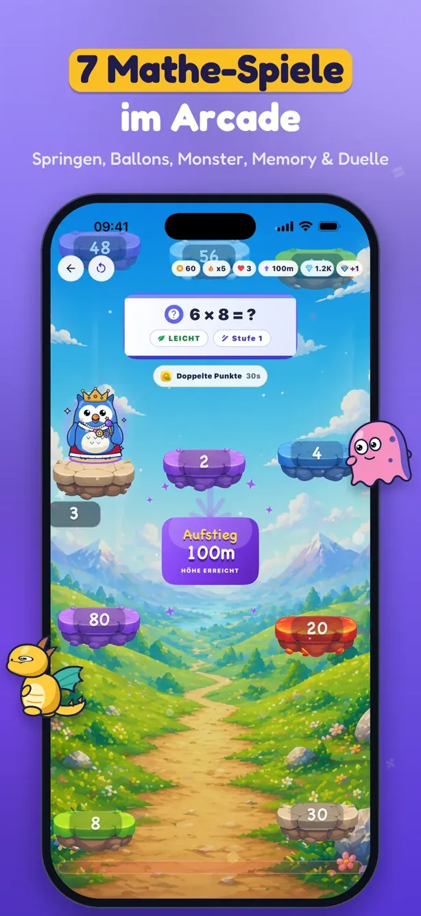 MathApex-Spiel: die Eule springt über Plattformen mit Rechenaufgaben