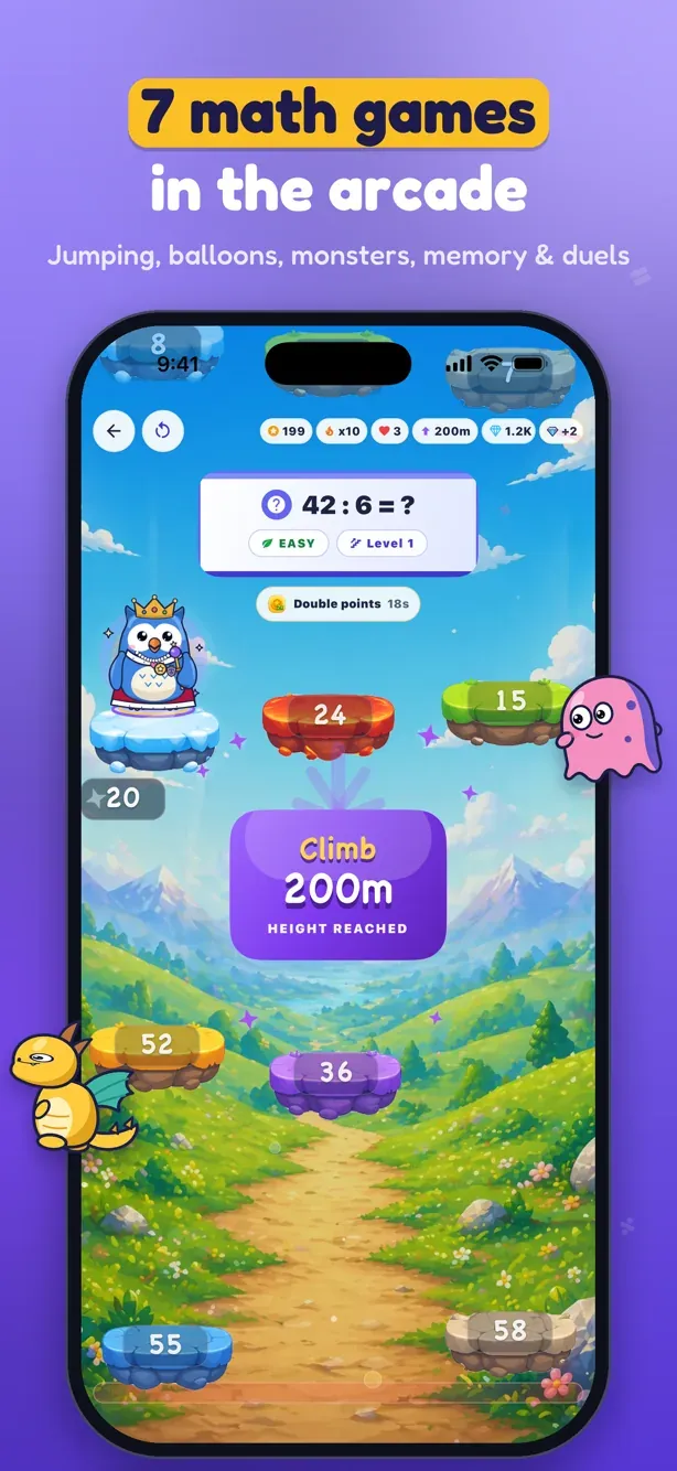 MathApex game: the owl jumps across platforms with maths questions