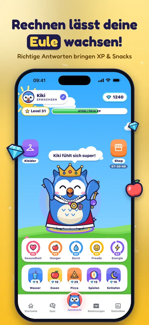MathApex-Startbildschirm: die eigene Eule Kiki mit Level, XP-Leiste und Snacks