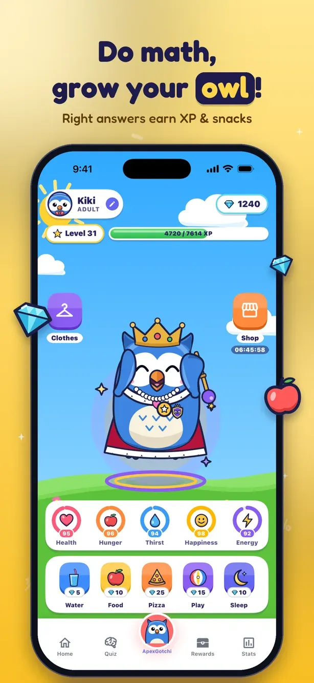 MathApex home screen: your own owl Kiki with level, XP bar and snacks