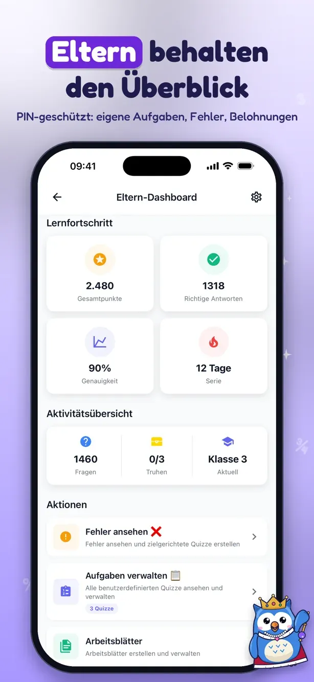 MathApex-Elternbereich mit Lernfortschritt, richtigen Antworten und Serie