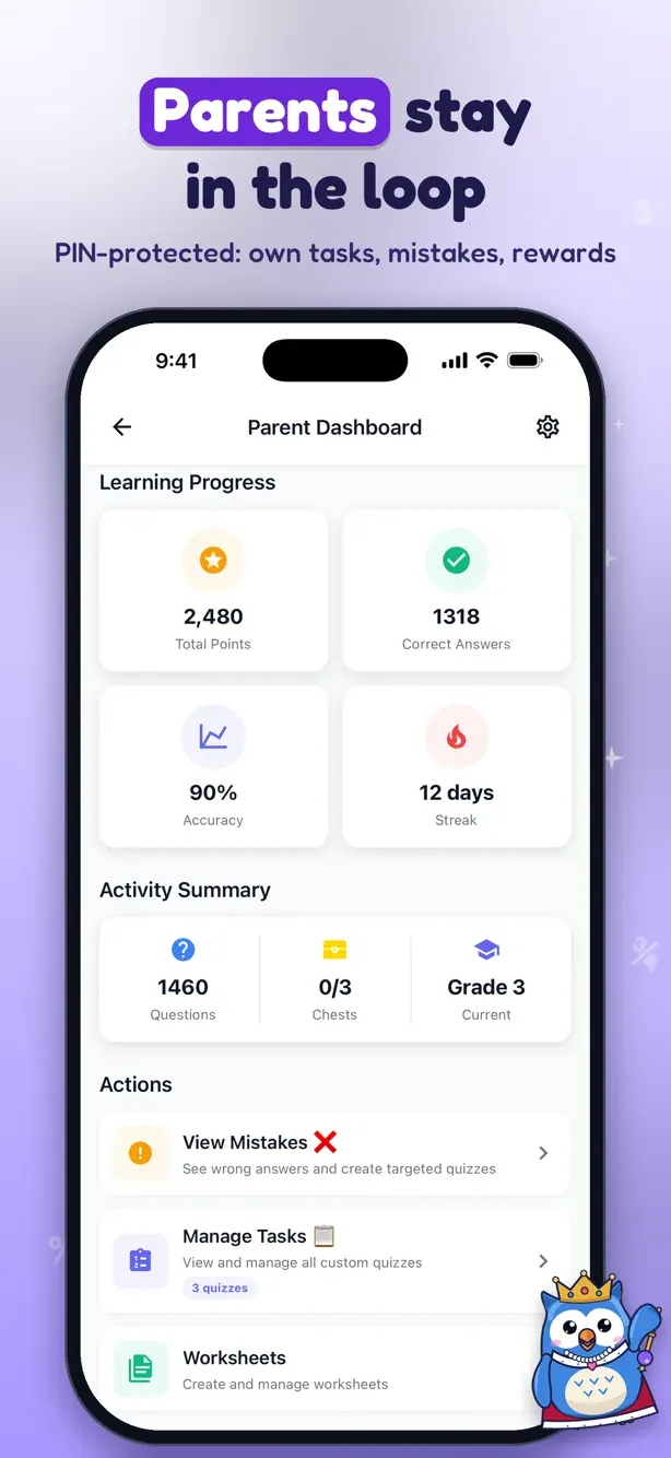 MathApex parent dashboard with learning progress, correct answers and streak