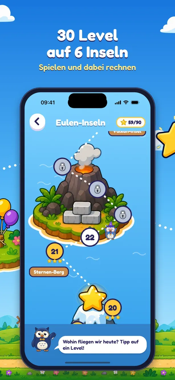 Matheule Owl Islands: a game map with levels and stars