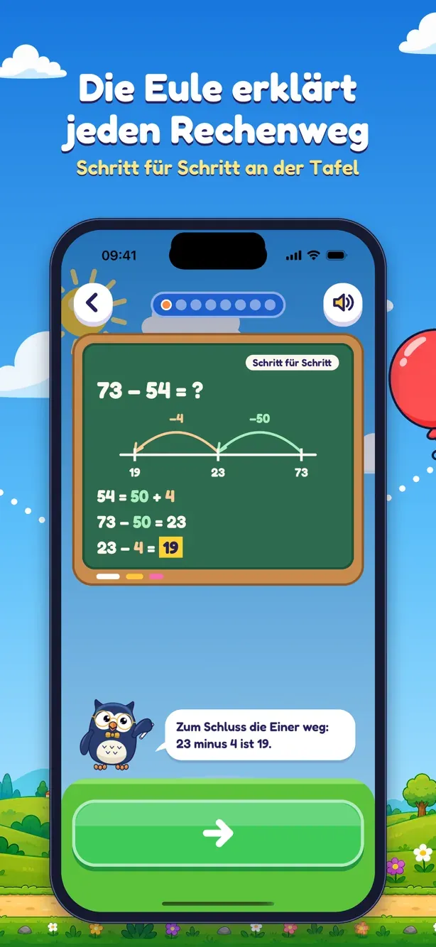 Matheule: the method for 73 minus 54 step by step on the board