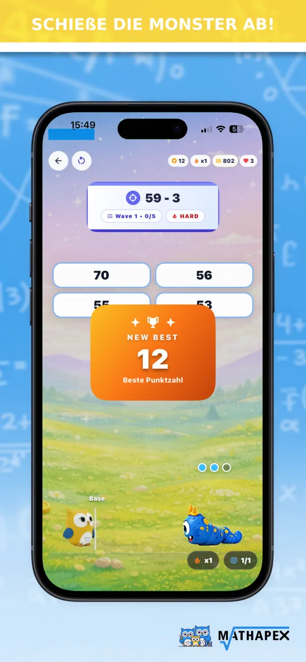 MathApex Monsterspiel auf Deutsch mit einer Rechenaufgabe und Antwortfeldern.