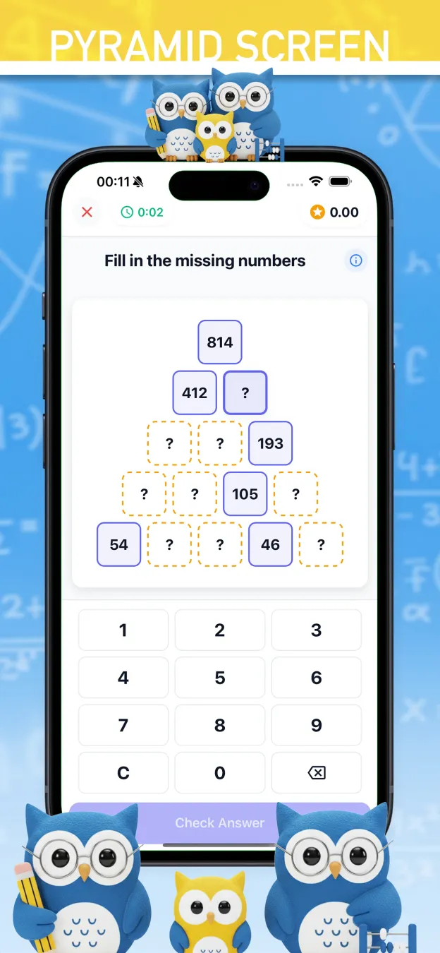 English MathApex number pyramid exercise with several missing values and an on-screen keypad.
