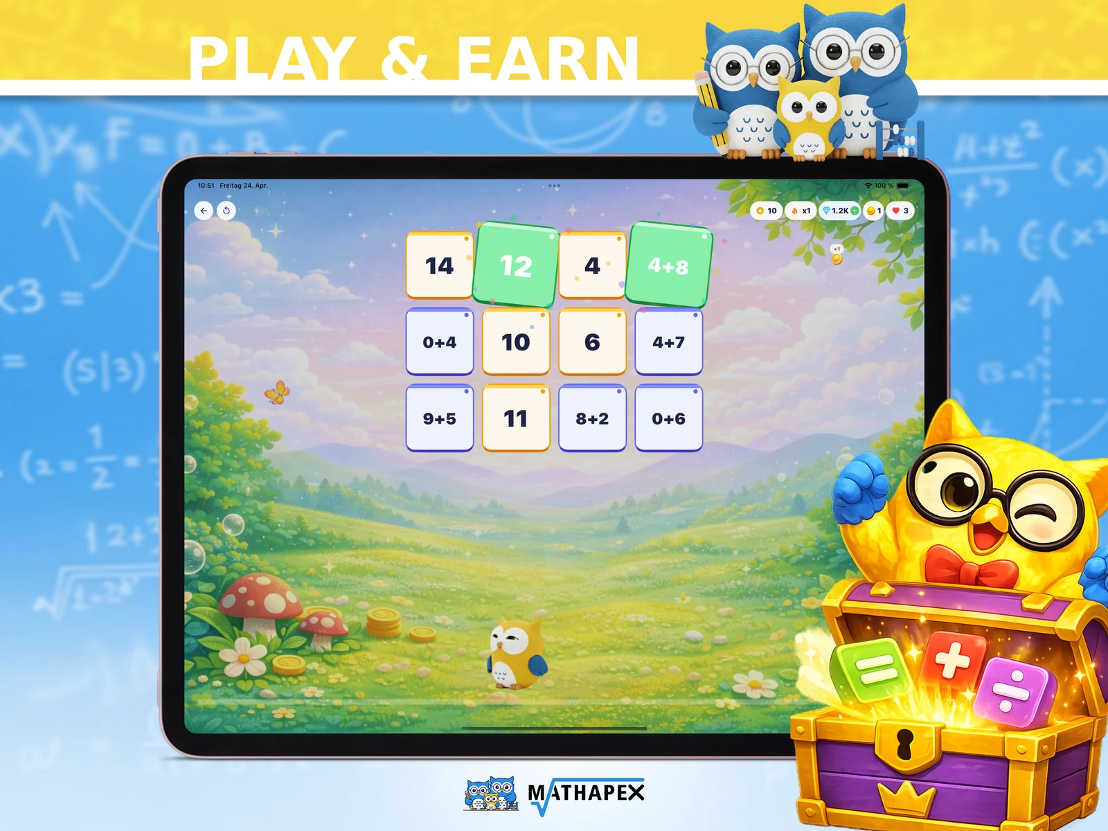 Illustration of a MathApex number-matching game on a tablet, with addition cards and owl characters.