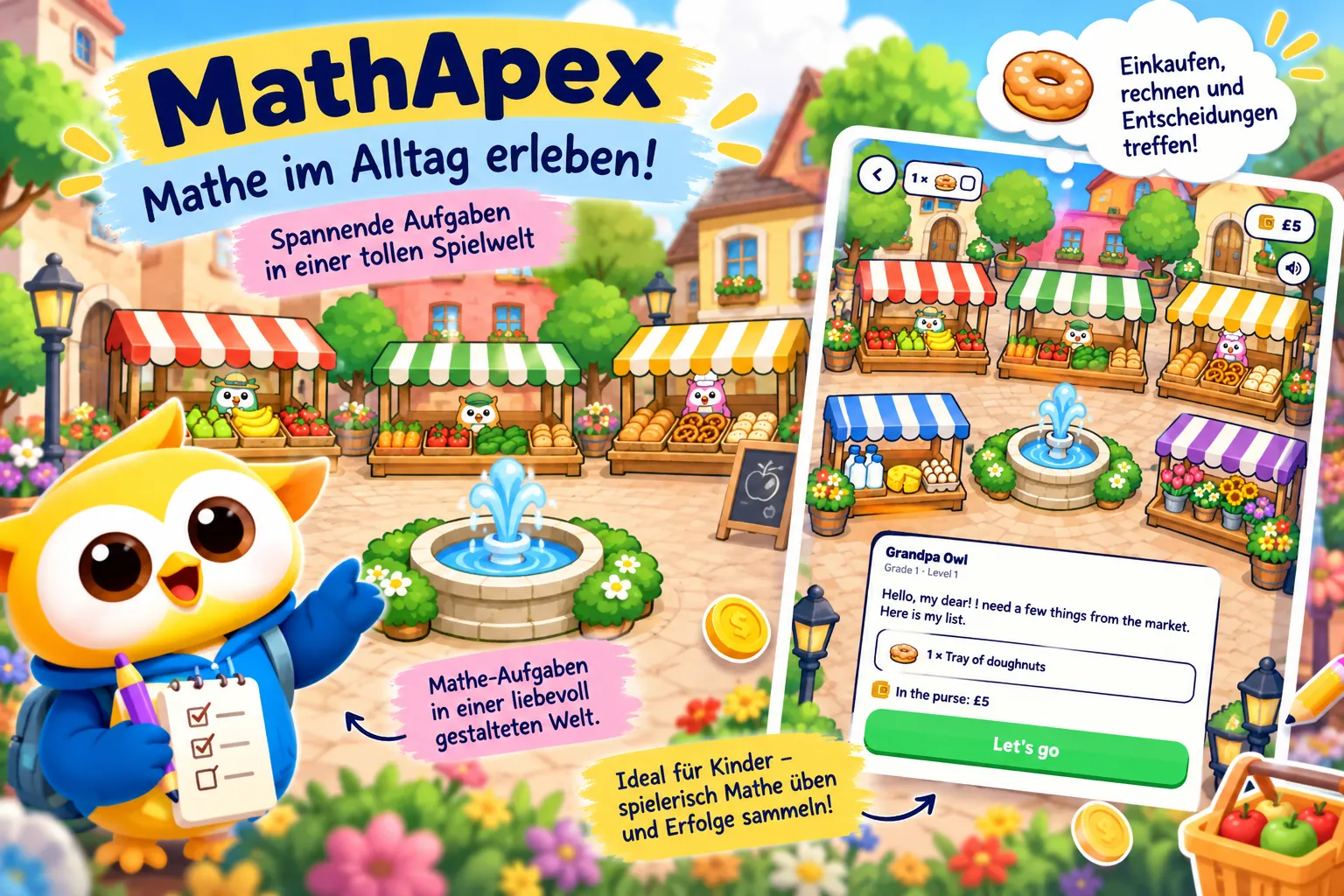 MathApex-Grafik zum Eulenmarkt: Marktstände mit Obst, Gemüse und Backwaren, davor die Eule mit Einkaufszettel; der Spielbildschirm rechts ist englisch beschriftet und zeigt Preise in Pfund.
