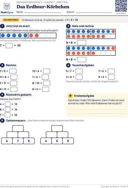 Addition – Das Erdbeer-Körbchen (1. Klasse), Seite 1
