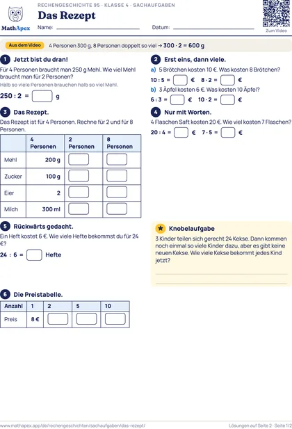Sachaufgaben – Das Rezept (4. Klasse), Seite 1
