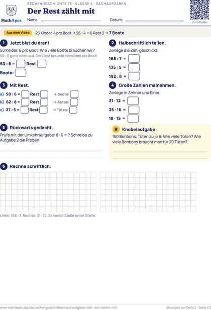 Sachaufgaben – Der Rest zählt mit (4. Klasse), Seite 1