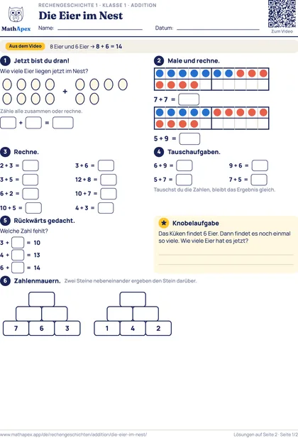 Addition – Die Eier im Nest (1. Klasse), Seite 1