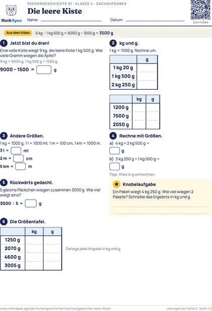 Sachaufgaben – Die leere Kiste (4. Klasse), Seite 1