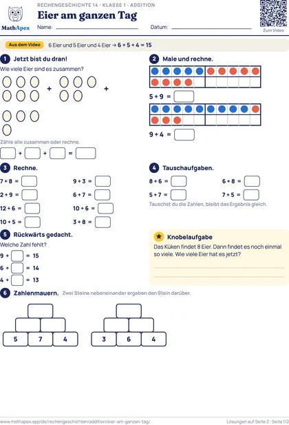 Addition – Eier am ganzen Tag (1. Klasse), Seite 1