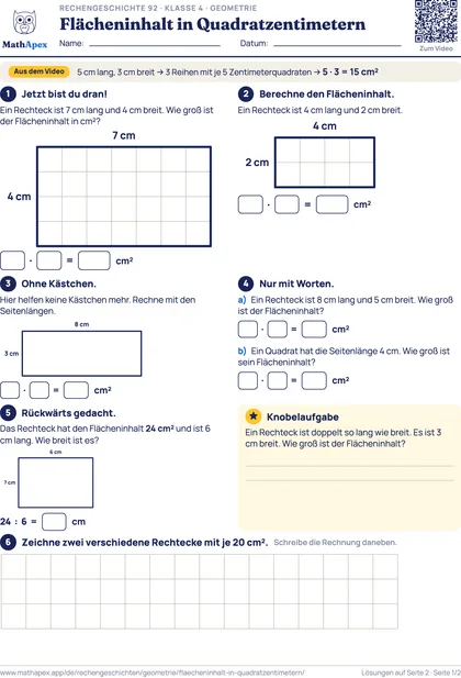 Geometrie – Flächeninhalt in Quadratzentimetern (4. Klasse), Seite 1