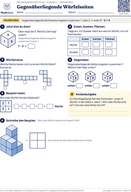 Geometrie – Gegenüberliegende Würfelseiten (4. Klasse), Seite 1