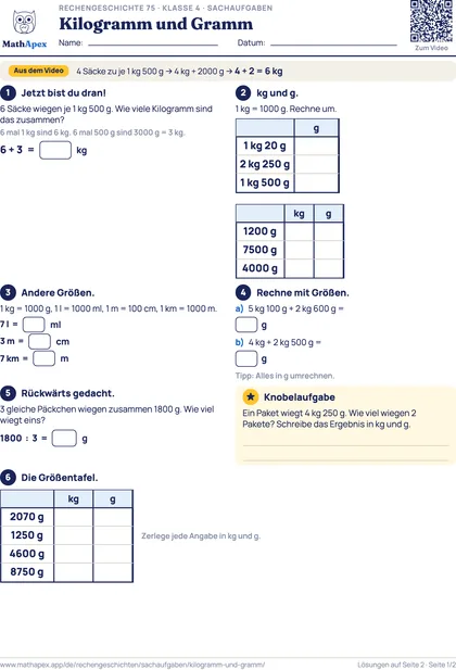 Sachaufgaben – Kilogramm und Gramm (4. Klasse), Seite 1