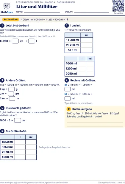 Sachaufgaben – Liter und Milliliter (4. Klasse), Seite 1