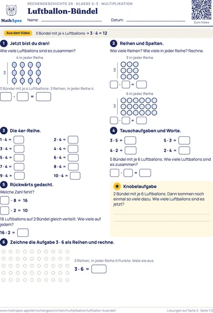 Multiplikation – Luftballon-Bündel (2.–3. Klasse), Seite 1