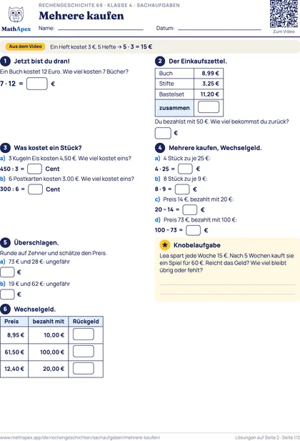 Sachaufgaben – Mehrere kaufen (4. Klasse), Seite 1