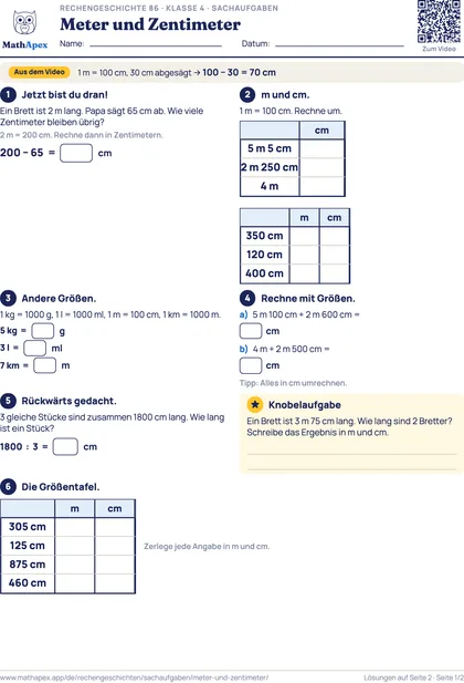 Sachaufgaben – Meter und Zentimeter (4. Klasse), Seite 1
