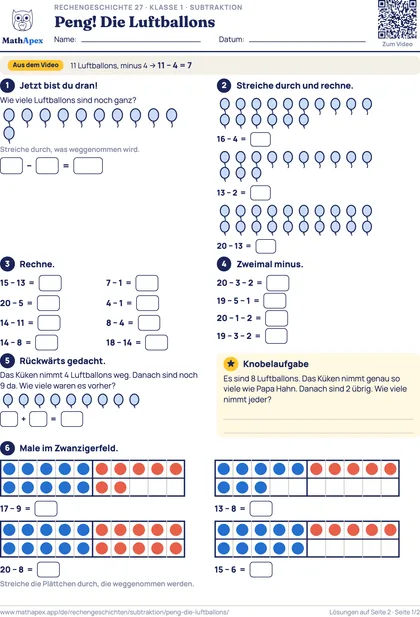 Subtraktion – Peng! Die Luftballons (1. Klasse), Seite 1