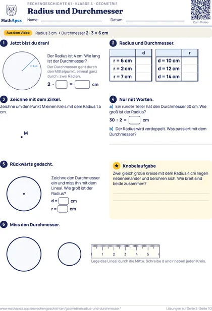 Geometrie – Radius und Durchmesser (4. Klasse), Seite 1