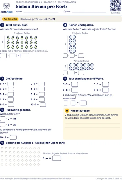 Multiplikation – Sieben Birnen pro Korb (2.–3. Klasse), Seite 1