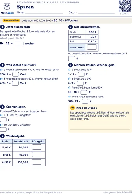 Sachaufgaben – Sparen (4. Klasse), Seite 1