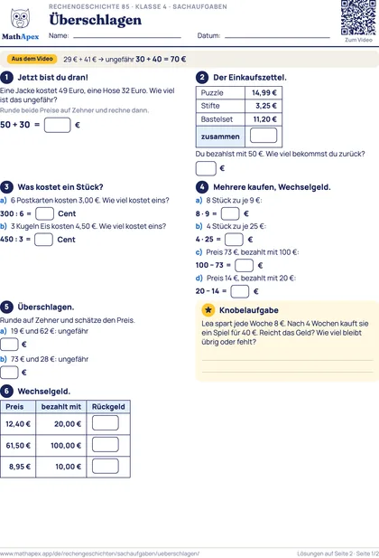 Sachaufgaben – Überschlagen (4. Klasse), Seite 1