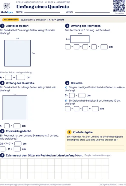 Geometrie – Umfang eines Quadrats (4. Klasse), Seite 1