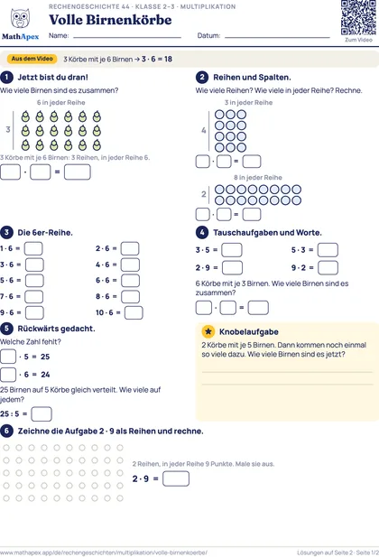 Multiplikation – Volle Birnenkörbe (2.–3. Klasse), Seite 1
