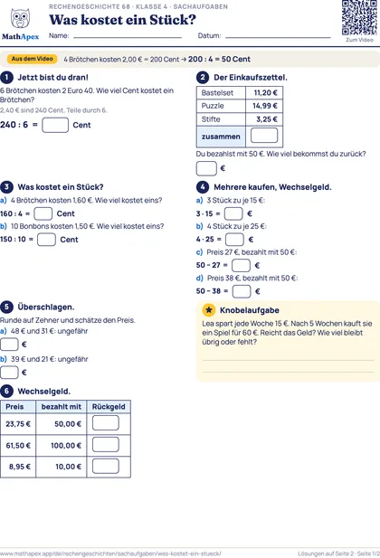 Sachaufgaben – Was kostet ein Stück? (4. Klasse), Seite 1