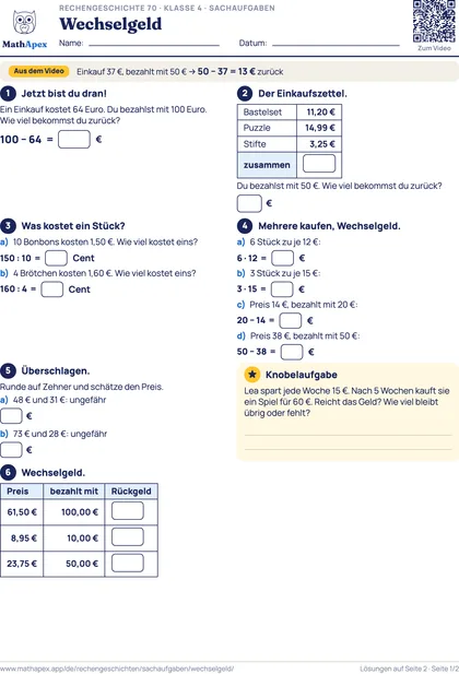 Sachaufgaben – Wechselgeld (4. Klasse), Seite 1