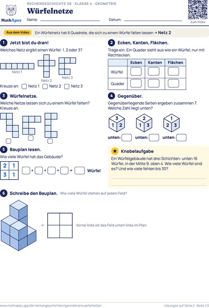 Geometrie – Würfelnetze (4. Klasse), Seite 1