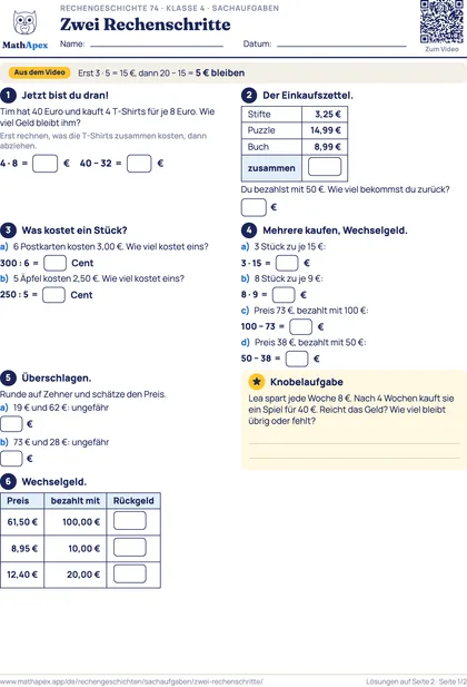 Sachaufgaben – Zwei Rechenschritte (4. Klasse), Seite 1