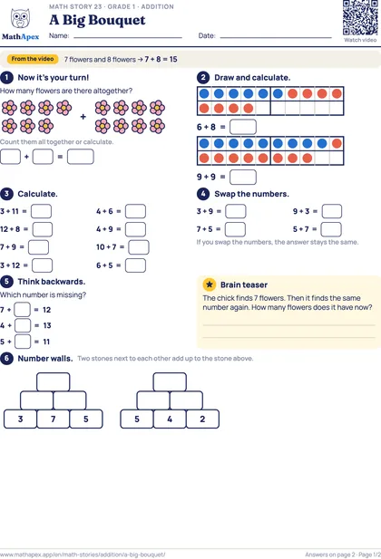 Addition – A Big Bouquet (Grade 1), Page 1