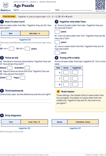 Word problems – Age Puzzle (Grade 4), Page 1