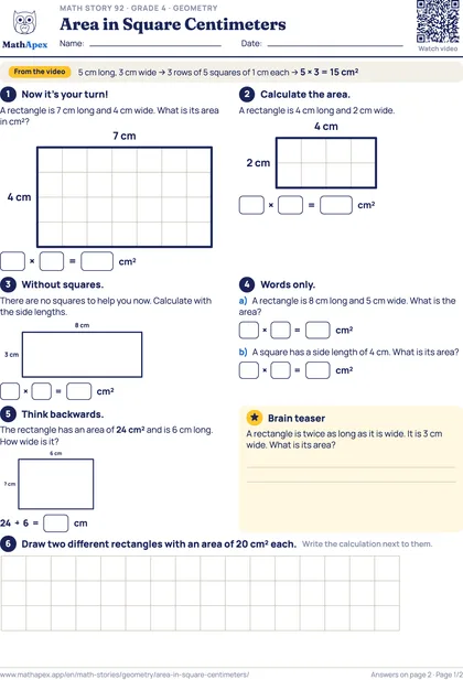 Geometry – Area in Square Centimeters (Grade 4), Page 1
