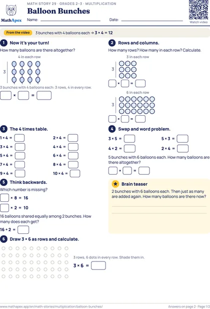 Multiplication – Balloon Bunches (Grades 2–3), Page 1