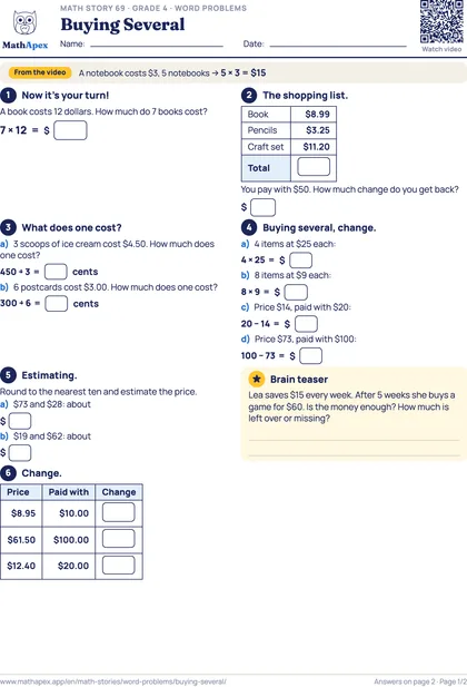 Word problems – Buying Several (Grade 4), Page 1