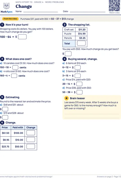Word problems – Change (Grade 4), Page 1