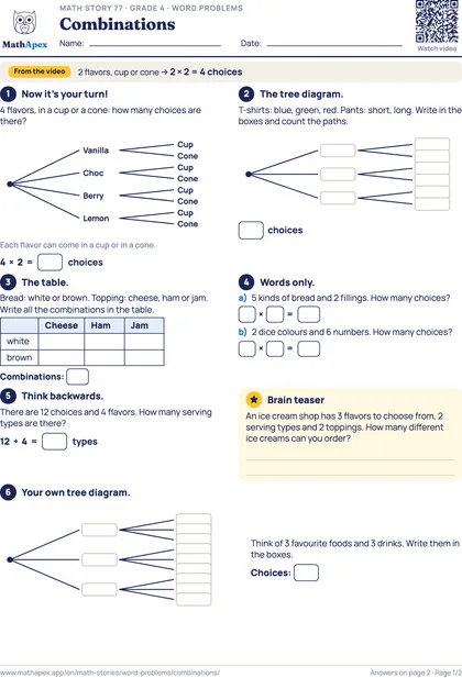 Word problems – Combinations (Grade 4), Page 1