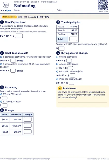 Word problems – Estimating (Grade 4), Page 1