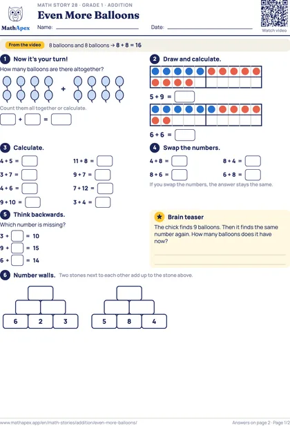 Addition – Even More Balloons (Grade 1), Page 1