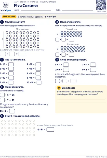 Multiplication – Five Cartons (Grade 2), Page 1