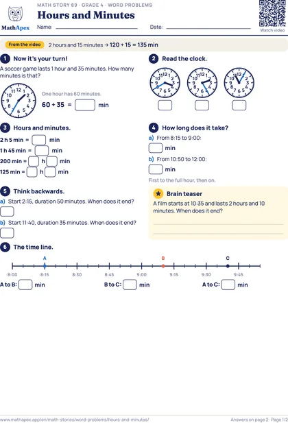 Word problems – Hours and Minutes (Grade 4), Page 1